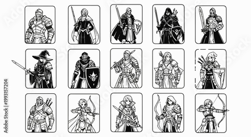 Fantasy adventurers and warriors with swords and bows, black and white