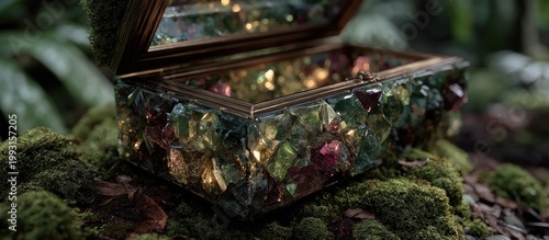 Ornate box with gemstone inlay sits in moss