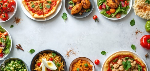 Collection of various dishes, including pizza, salad, couscous, noodles, arranged on light grey textured background. Fresh tomatoes, peppers, herbs scattered around, creating vibrant culinary scene.