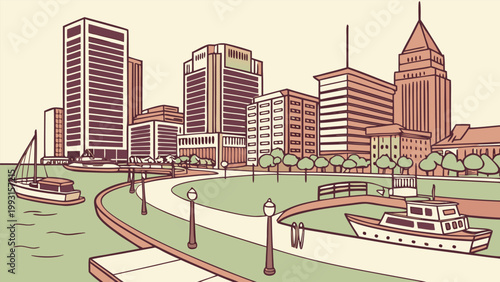 Baltimore Maryland skyline vector illustration with harbour view