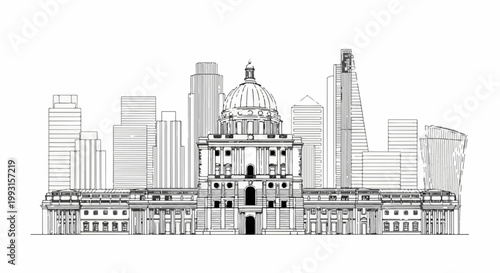 A striking black and white sketch of a grand dome building amidst modern skyscrapers