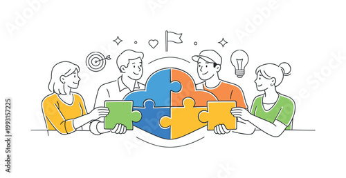Team collaborating closely to build strong relationships and align on common goals within a modern work environment, represented through a metaphor of multiple elements