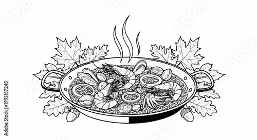 A steaming seafood paella sits surrounded by autumn leaves and acorns