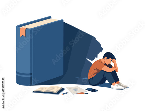 Academic pressure scene where an individual feels overwhelmed by studying and responsibilities, emphasizing stress management, concentration, and emotional resilience in