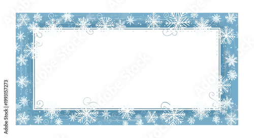 A blue and white snowflake border frame with a blank white interior on a plain white background.