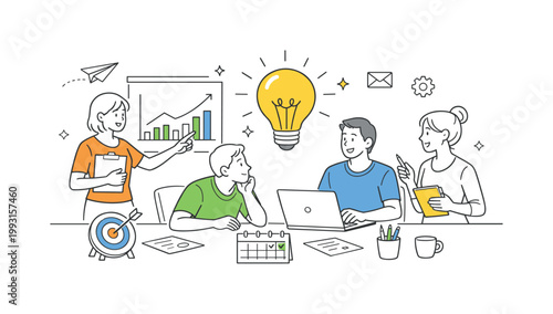 Content creation strategy scenario showing a team analyzing performance and improving creative output through collaboration and planning in a modern workspace, using a