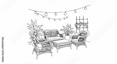 Outdoor seating area with wicker furniture and string lights