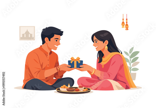 Raksha Bandhan moment with siblings exchanging gifts and sharing smiles in a peaceful domestic environment, highlighting appreciation and meaningful rituals in family
