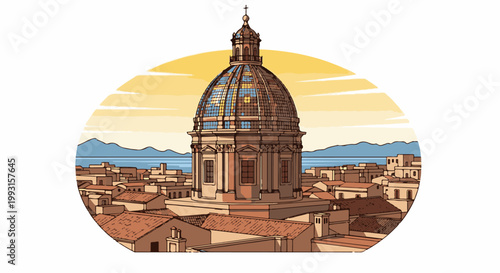 A domed structure rises above a coastal city with hills in the background