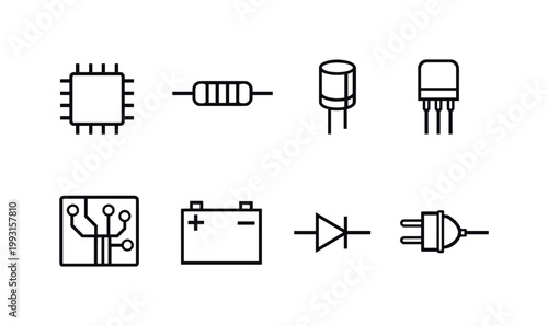 Electronic components: microchip, resistor, capacitor, transistor, diode, circuit board, battery, power plug.