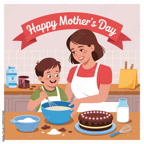 Mother and son baking cake for happy mother's day celebration at home.