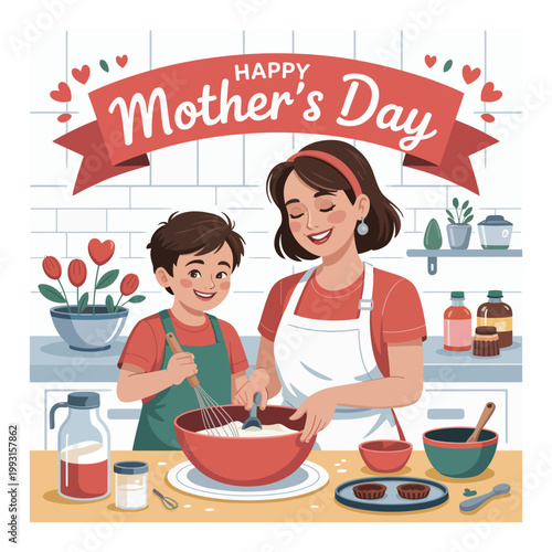 Mother and son baking for happy mother's day, heartwarming kitchen scene.