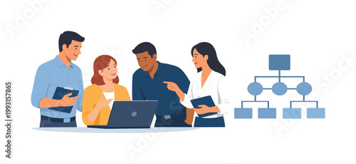 A team aligning operational clarity during a collaborative coordination session, gathered near a laptop while interacting with a simple structured workflow diagram symbol