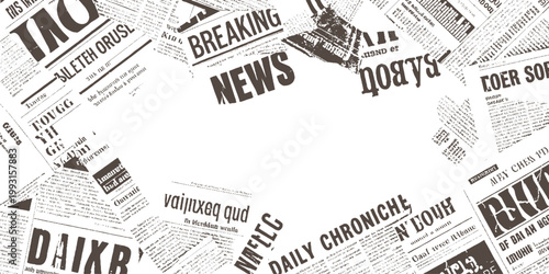 Scattered vintage newspaper pages with bold headlines and text fragments