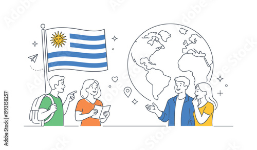 A national identity and international awareness scenario where people recognize countries through symbolic elements and cultural representation, illustrated through a