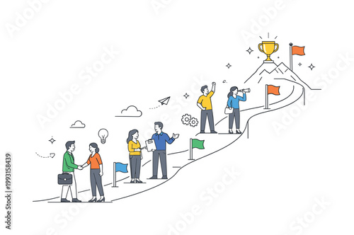 A structured goal progression scenario where a team advances step by step toward a defined objective during execution, built around a visual metaphor of a clean upward