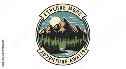 Vintage adventure travel badge with mountains.