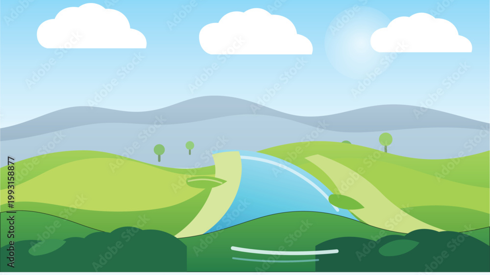 Fototapeta premium Vibrant Vector Landscape Illustration with Green Rolling Hills, a Majestic Dam, and Clear Blue Sky – Modern Digital Scenery