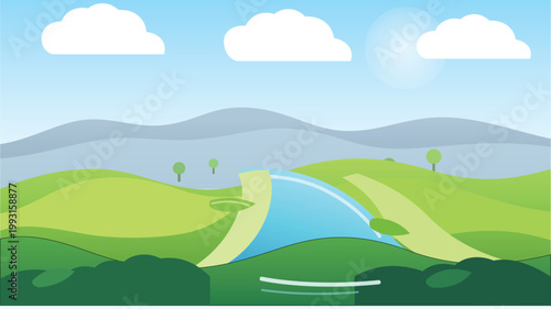 Vibrant Vector Landscape Illustration with Green Rolling Hills, a Majestic Dam, and Clear Blue Sky – Modern Digital Scenery