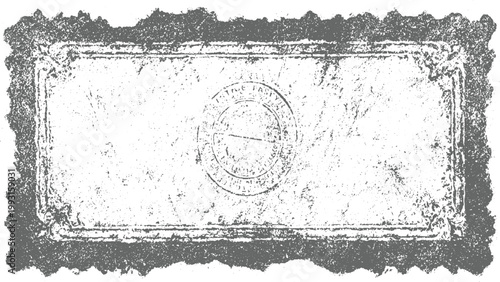 Distressed grey rectangle with textured border and circular stamp imprint