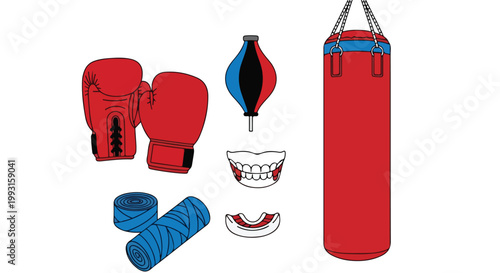 Illustration of a red punching bag with blue and black boxing gloves, hand wraps, a mouthguard, and a punching ball on a white background.