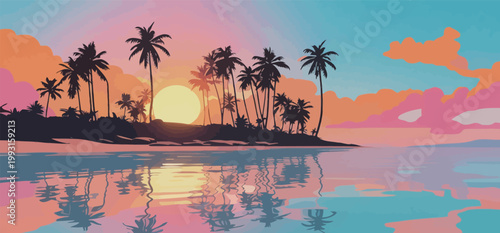 Tropical Island Sunset with Palm Trees Reflection