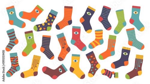 Colorful assortment of cartoon socks with whimsical eye designs and various patterns scattered across a bright white background playful textile illustration