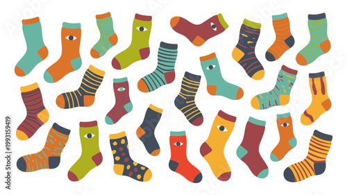 Colorful assortment of cartoon socks with whimsical eye designs and various patterns scattered across a bright white background playful textile illustration