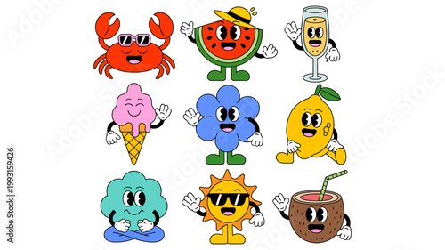 Whimsical collection of nine anthropomorphic summer characters smiling and waving in playful cartoon style vector illustration ideal for seasonal designs and children’s media