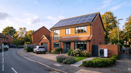 Modern British Red Brick Home with Rooftop Solar Panels and Air Source Heat Pump in Suburban Street at Golden Hour