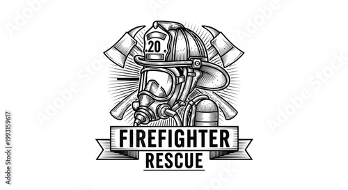 Firefighter rescue logo with helmet and tools.