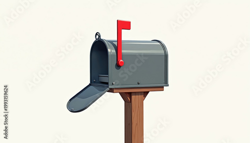 Gray metal mailbox on wooden post with red flag up. Door open, ready for mail delivery or pickup. Classic roadside postal box for home or business.