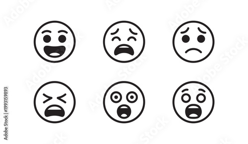 Minimalist outline emoji face icons representing various human emotions in black and white.