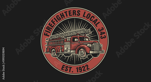 Firefighter union logo with vintage truck.