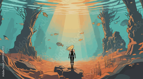 Underwater Landscape with Silhouetted Figure and Sunlight