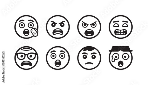 Group of expressive cartoon faces with glasses and various emotional states.