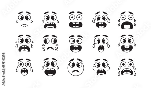 Collection of crying cartoon faces with exaggerated tear drops and mouths.