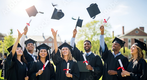 Diverse university graduates tossing caps in celebration outdoors