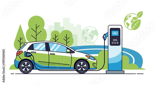 Electric car charging at eco-friendly station with green city background and earth icon