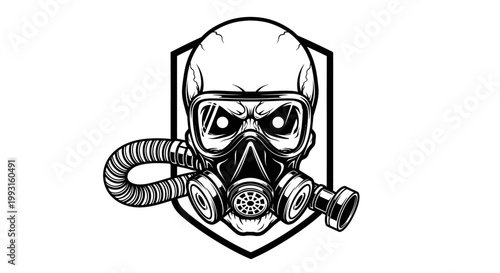A bald man wearing a gas mask.