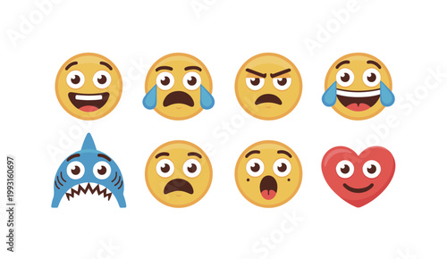 Collection of 8 3d emoji faces depicting various emotions and objects on transparent background.