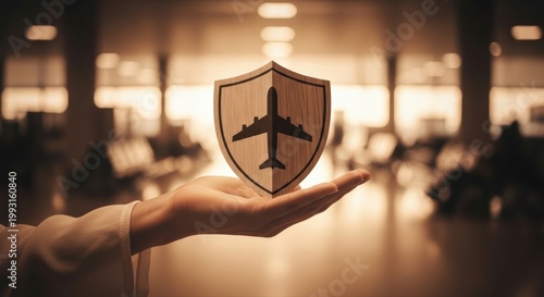 Hand Holding Wooden Shield with Airplane Icon Represents Travel Insurance and Flight Security Protection for Seamless Passenger Journey Experiences