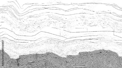 Abstract black and white contour lines forming layered geological strata or topographic map contours