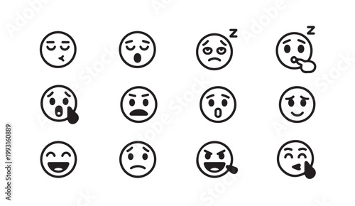 Variety of emoticons showing different emotions like joy, sadness, anger, and sleepiness transparent background.