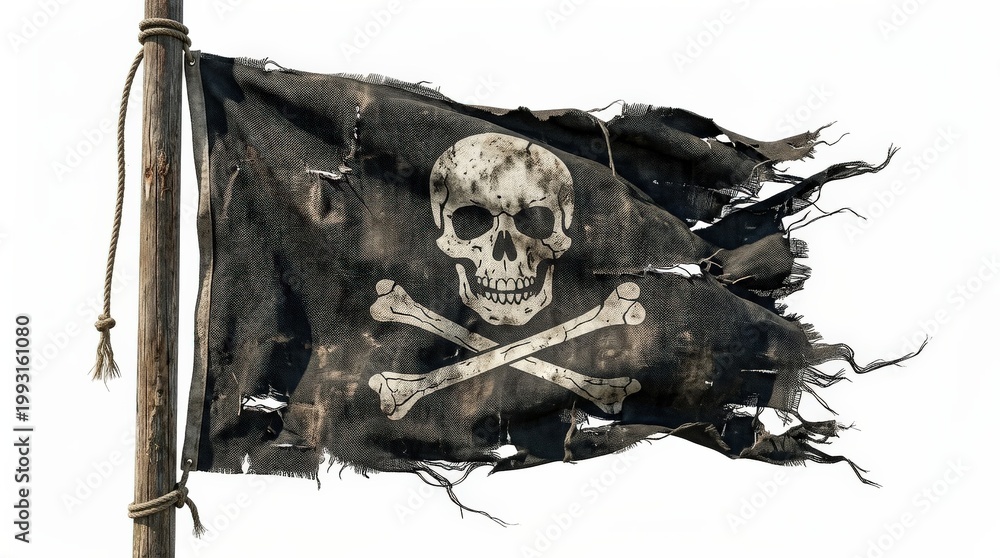 Fototapeta premium A torn pirate flag isolated on a white background, weathered black banner with skull-and-crossbones motif and adventurous seafaring mood, ultra-realistic, no logos.