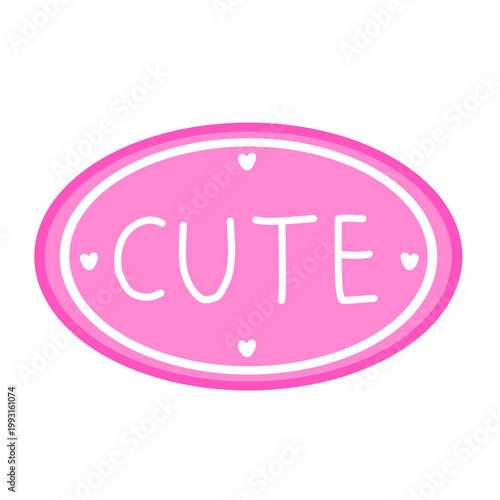 pink circle sticker with the word cute and white hearts png element for digital planner and photo decoration