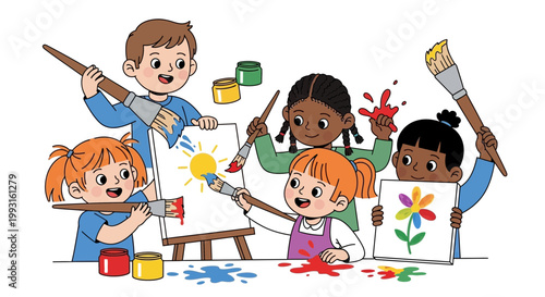 Diverse Kids Painting Art Class, Happy Children Creating Colorful Artworks with Brushes and Easels