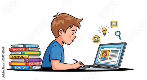 Boy learning online with laptop and books, e-learning, education, technology