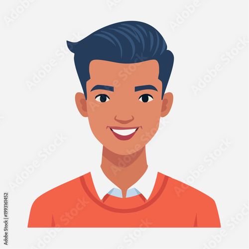 Illustration of a smiling young man with dark hair and orange sweater