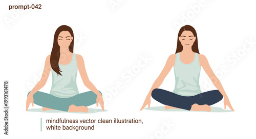 Two women meditating cross-legged, vector illustration, white background